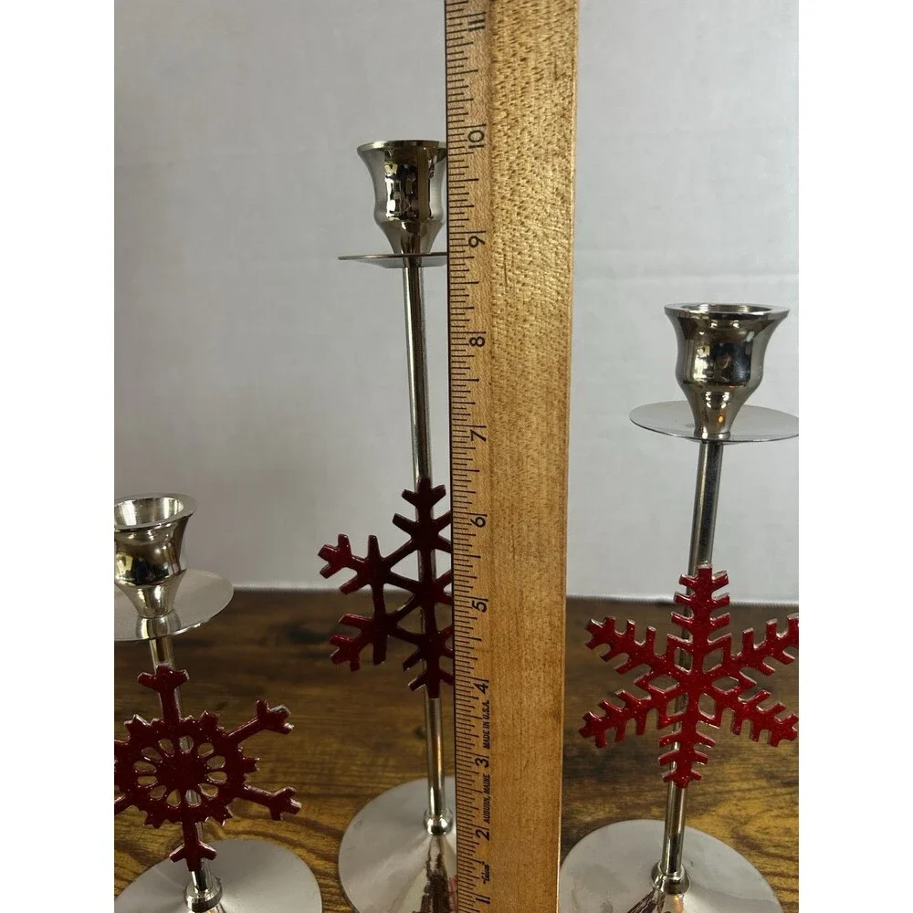 International Silver Red Snowflake Candle Holders Set 3 Christmas Holiday Decor